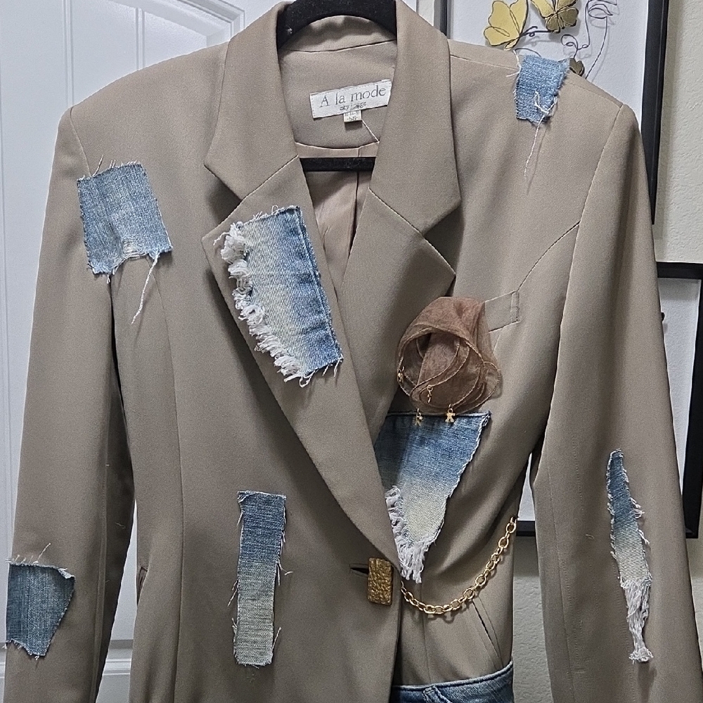 Unique Beige and Denim Patchwork Blazer - image 2